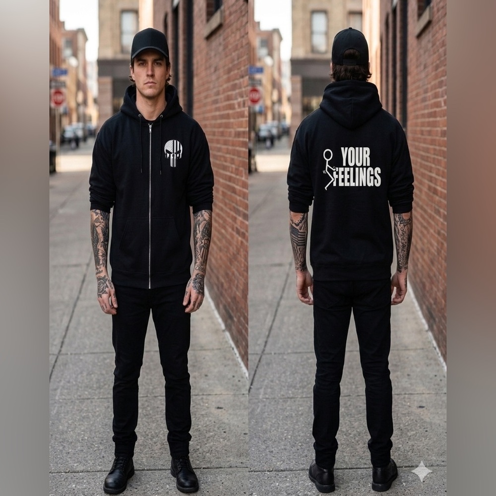 Black Zip-Up Hoodie with White Flag Skull Graphic, F Your Feelings on back